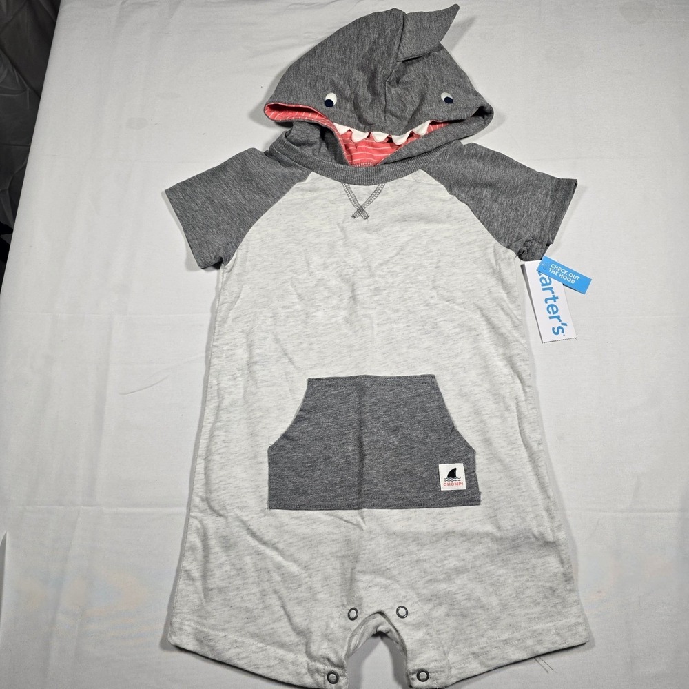 Carters Baby Boys 24M Shark Hooded Romper Gray White Short Sleeve Snaps NWT